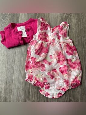 Gymboree Floral Baby Romper with Hot Pink Ruffled Cardigan 3-6 mo